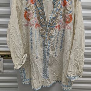 Boho Chic Embroidered Tunic in Cream and Blue
